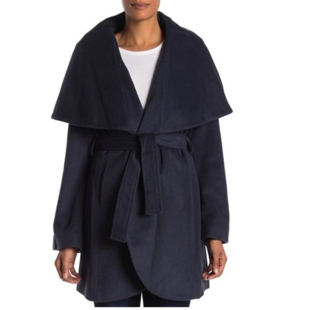 Tahari Wool Blend Oversized Drape Collar Tie Coat